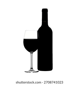 Una llamativa composición minimalista con una botella de vino siluetada y una copa de vino tinto parcialmente llena sobre un fondo blanco crudo. La Imagen transmite un sentido de sofisticación y