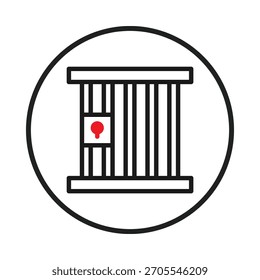 Um gráfico minimalista impressionante representando restrição ou confinamento. Linhas pretas formam uma estrutura semelhante a uma gaiola dentro de um círculo. Um único acento vermelho adiciona peso simbólico. A imagem transmite temas de