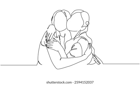 A striking minimalist illustration depicting two figures embracing in a continuous line drawing style. The simple yet elegant artwork captures a moment of affection and connection, perfect for conveyi