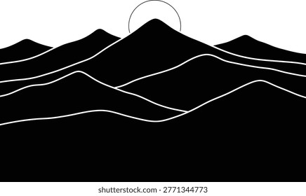 A striking minimalist illustration featuring dark mountain peaks with elegant white outlines, set against a bright sky with a simple circular celestial body.