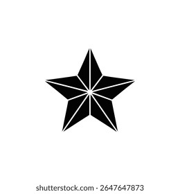 A striking minimalist illustration presents a solid black star, symmetrically crafted with geometric lines, centered against a clean white backdrop in vector format.