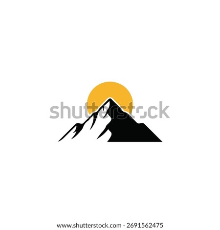 A striking minimalist logo featuring a dark silhouette of a mountain peak with a vibrant yellow sun rising behind it, symbolizing adventure and new beginnings.