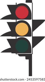 A striking minimalist rendition of a modern traffic light design. The drawing features a sleek, three-tiered signal where the top light is a bold red, the middle light is a yellow and the bot is green