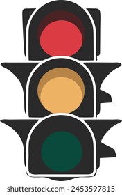 A striking minimalist rendition of a modern traffic light design. The drawing features a sleek, three-tiered signal where the top light is a bold red, the middle light is a yellow and the bot is green