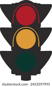 A striking minimalist rendition of a modern traffic light design. The drawing features a sleek, three-tiered signal where the top light is a bold red, the middle light is a yellow and the bot is green