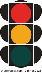 A striking minimalist rendition of a modern traffic light design. The drawing features a sleek, three-tiered signal where the top light is a bold red, the middle light is a yellow and the end is green