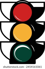A striking minimalist rendition of a modern traffic light design. The drawing features a sleek, three-tiered signal where the top light is a bold red, the middle light is a yellow and the end is green