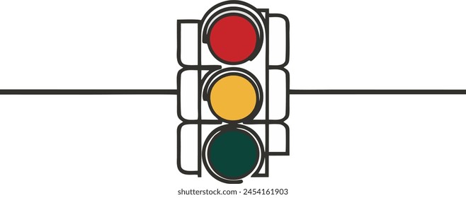 A striking minimalist rendition of a modern traffic light design. The drawing features a sleek, three-tiered signal where the top light is a bold red, the middle light is a yellow and the bot is green