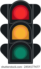 A striking minimalist rendition of a modern traffic light design. The drawing features a sleek, three-tiered signal where the top light is a bold red, the middle light is a yellow and the bot is green