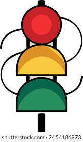 A striking minimalist rendition of a modern traffic light design. The drawing features a sleek, three-tiered signal where the top light is a bold red, the middle light is a yellow and the bot is green