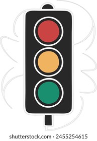 A striking minimalist rendition of a modern traffic light design. The drawing features a sleek, three-tiered signal where the top light is a bold red, the middle light is a yellow and the bot is green