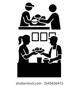 A striking minimalist silhouette depicting food distribution. The distinctive solid black silhouette style conveys simplicity and impact. Ideal for illustrating charity, volunteering, or food banks.