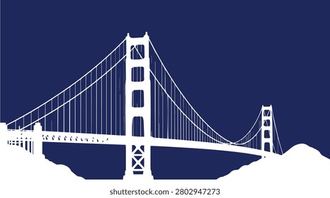 A striking minimalist vector illustration of the iconic Golden Gate Bridge in San Francisco, presented as a white silhouette against a deep blue background, showcasing its architectural grandeur.