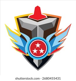 Un emblema de escudo abstracto llamativo y moderno con alas estilizadas y un elemento circular central con tres estrellas. Este Diseño gráfico es perfecto para representar el logro, la victoria.