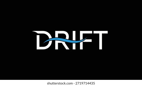 Um design de logotipo marcante e moderno apresenta a palavra 'DRIFT' em tipografia em branco arrojado contra um fundo preto. Uma onda azul estilizada e fluente