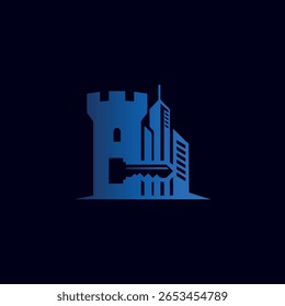 Ein auffälliges und modernes Logo-Design mit einem Burgturm, der nahtlos in städtische Skyline-Gebäude integriert ist und die Form eines Schlüssels bildet. Dieses vielseitige Emblem steht für Stärke, Sicherheit.