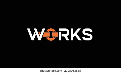 Un llamativo logotipo moderno con la palabra 'WORKS' en letras blancas y llamativas sobre un fondo negro profundo. La letra 'O' se sustituye por una dinámica