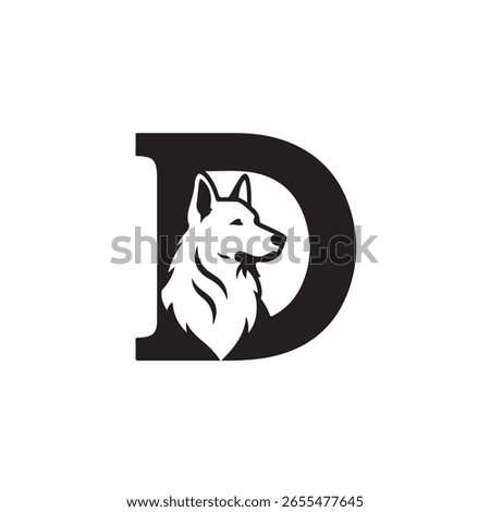 A striking monochromatic showcasing the letter D intertwined with a majestic wolf head; The transparent background enhances its versatility for various creative endeavors.