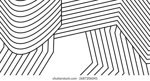 A striking monochrome background with a complex geometric pattern of alternating straight and curved lines, creating a modern and abstract visual.