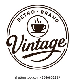 A striking monochrome circular logo blending retro and vintage aesthetics with a steaming coffee cup icon and elegant script typography for branding coffee shops cafes and related products.