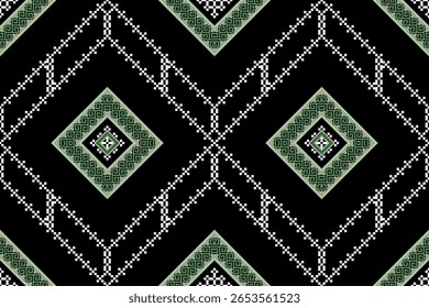Striking monochrome green and black seamless pattern with intricate pixelated geometric shapes. Ideal for modern textiles, graphic design, and bold digital backgrounds. Perfect for fabric printing