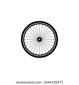 Ilustração monocromática impressionante de uma roda de bicicleta. A roda apresenta raios proeminentes que se estendem do centro e um contorno claro do pneu contra um fundo branco.