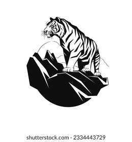 Striking monochrome illustration featuring a majestic tiger atop a mountain peak. Ideal for emblem or logo templates.