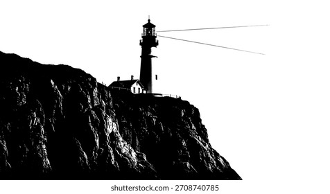 A striking monochrome image captures a lighthouse silhouetted against a stark white sky, standing atop a rugged, rocky cliffside. The powerful beam of light extends into the distance, symbolizing