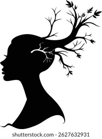 Imagem monocromática impressionante representando uma silhueta preta de uma mulher de perfil, com ramos e folhas de uma árvore emergindo da coroa de sua cabeça, simbolizando a natureza.