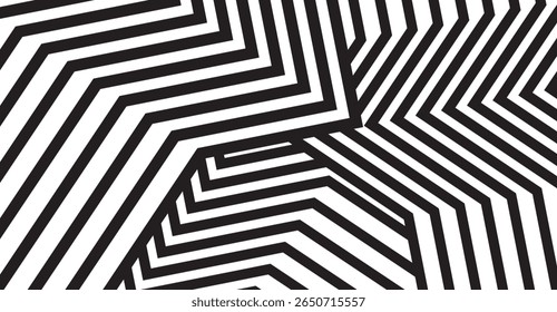 Uma imagem monocromática impressionante apresenta uma matriz geométrica de linhas em ziguezague em preto e branco contrastantes, criando um design visualmente dinâmico e abstrato com ângulos nítidos e movimento direcional