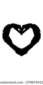 A striking monochrome image featuring hands forming a heart shape. The black silhouette against the white background emphasizes the universal symbol of love and connection. This evokes feelings of