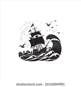 a striking monochrome image of a ship battling a stormy sea, with birds soaring above the waves.