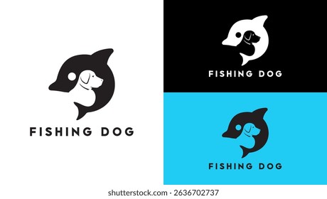A striking monochrome logo features a stylized dolphin silhouette encompassing a dog's profile. The dolphin, rendered in black, forms a protective or playful embrace around the white dog. 