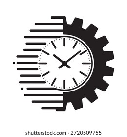 Un llamativo logotipo monocromo con un reloj integrado en un mecanismo de engranajes