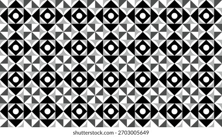 Um padrão monocromático impressionante composto de motivos circulares aninhados em triângulos nítidos e simétricos. A grade repetitiva forma uma ilusão ótica cativante