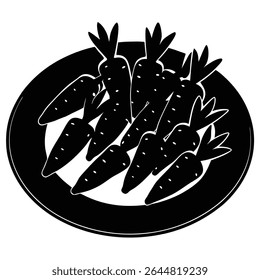 Striking monochrome presentation featuring a plate filled with fresh, organic carrots, elegantly designed against a stark white background, highlighting natural textures and shapes.