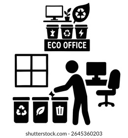 A striking monochrome silhouette depicting a person sorting waste in an eco-friendly office setting. The distinctive minimalist silhouette style enhances the image's modern and clean aesthetic.