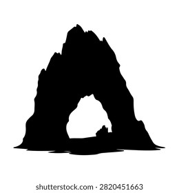 A striking mountain arch with a natural water pool beneath, showcasing rugged terrain and scenic beauty in a pristine natural environment.