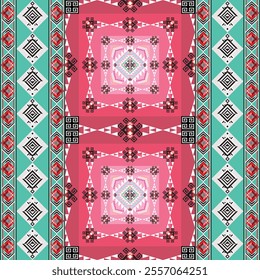 A striking Native-inspired tribal geometric pattern featuring vibrant pink, turquoise, black, and red hues. This intricate design blends traditional ethnic motifs with modern color palettes, 