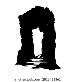 A striking natural rock formation featuring a large arch with water at its base, set against a plain background, emphasizing its rugged texture.