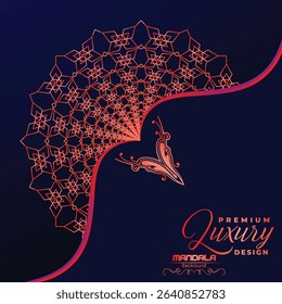 A striking navy blue background highlights a vibrant, intricate red-orange mandala design. Elegant script text "Premium Luxury Design" suggests sophistication.	
