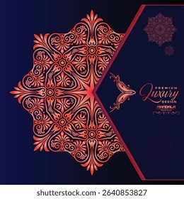 A striking navy blue background highlights a vibrant, intricate red-orange mandala design. Elegant script text "Premium Luxury Design" suggests sophistication.	
