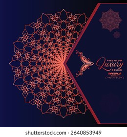 A striking navy blue background highlights a vibrant, intricate red-orange mandala design. Elegant script text "Premium Luxury Design" suggests sophistication.	
