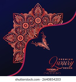 A striking navy blue background highlights a vibrant, intricate red-orange mandala design. Elegant script text "Premium Luxury Design" suggests sophistication.	
