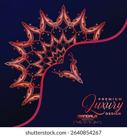A striking navy blue background highlights a vibrant, intricate red-orange mandala design. Elegant script text "Premium Luxury Design" suggests sophistication.	
