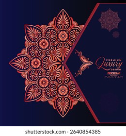 A striking navy blue background highlights a vibrant, intricate red-orange mandala design. Elegant script text "Premium Luxury Design" suggests sophistication.	
