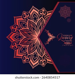 A striking navy blue background highlights a vibrant, intricate red-orange mandala design. Elegant script text "Premium Luxury Design" suggests sophistication.	
