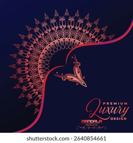 A striking navy blue background highlights a vibrant, intricate red-orange mandala design. Elegant script text "Premium Luxury Design" suggests sophistication.	
