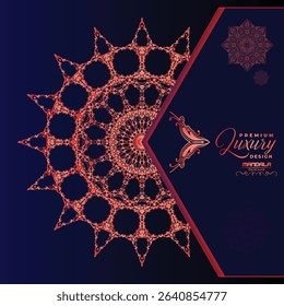 A striking navy blue background highlights a vibrant, intricate red-orange mandala design. Elegant script text "Premium Luxury Design" suggests sophistication.	
