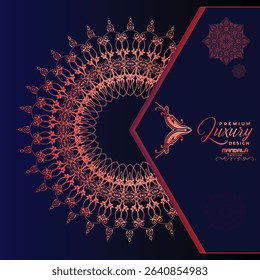 A striking navy blue background highlights a vibrant, intricate red-orange mandala design. Elegant script text "Premium Luxury Design" suggests sophistication.	
